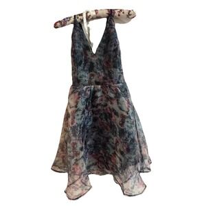 Black Floral Print Organza Mini Dress Medium NEW Straps Back Fairy Whimsical